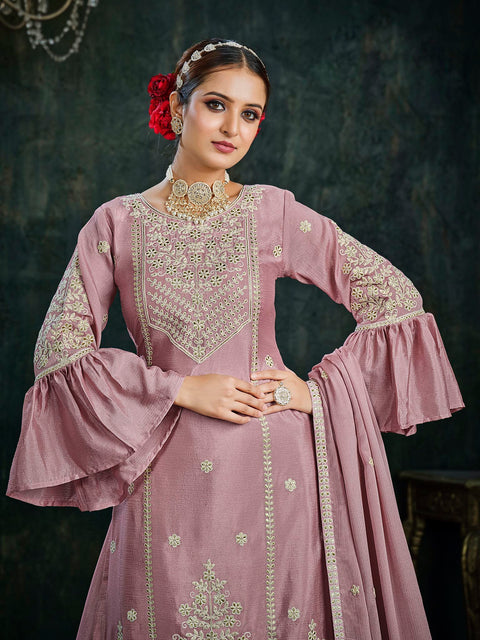 Pink Partywear Pitai Work Lehenga Style Suit