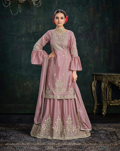 Pink Partywear Pitai Work Lehenga Style Suit