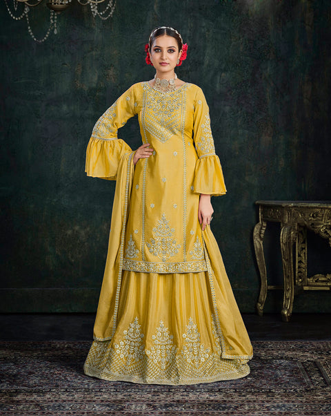Yellow Partywear Pitai Work Lehenga Style Suit