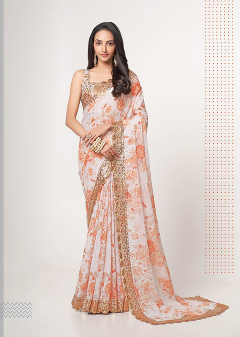 White Floral Printed With Sequins Embroidered Border Organza Saree