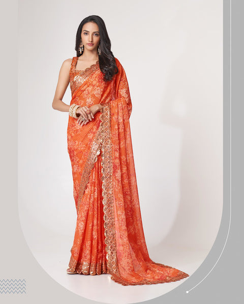 Orange Floral Printed With Sequins Embroidered Border Georgette Saree