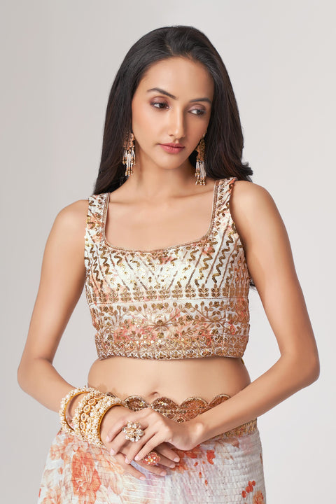White Floral Printed With Sequins Embroidered Border Organza Saree