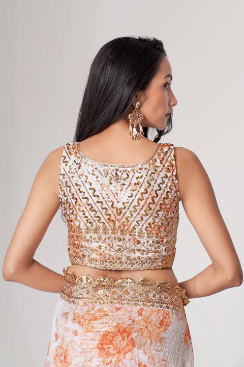 White Floral Printed With Sequins Embroidered Border Organza Saree