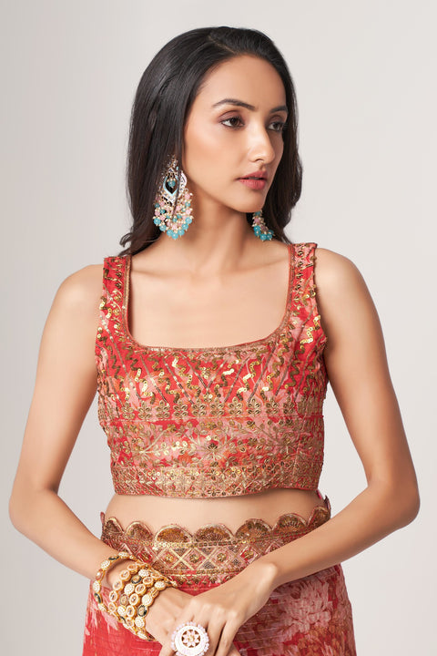 Red Floral Printed With Sequins Embroidered Border Georgette Saree