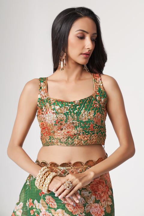 Green Floral Printed With Sequins Embroidered Border Georgette Saree