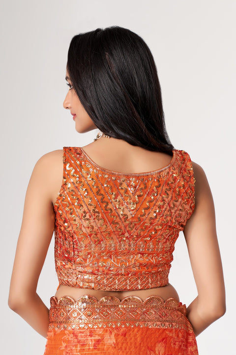 Orange Floral Printed With Sequins Embroidered Border Georgette Saree