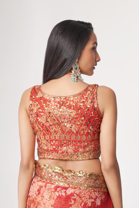 Red Floral Printed With Sequins Embroidered Border Georgette Saree