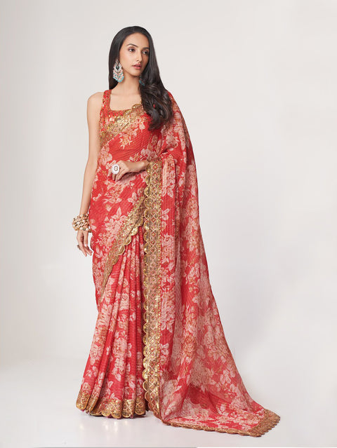 Red Floral Printed With Sequins Embroidered Border Georgette Saree