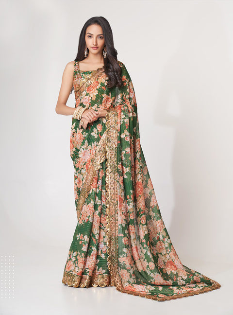 Green Floral Printed With Sequins Embroidered Border Georgette Saree