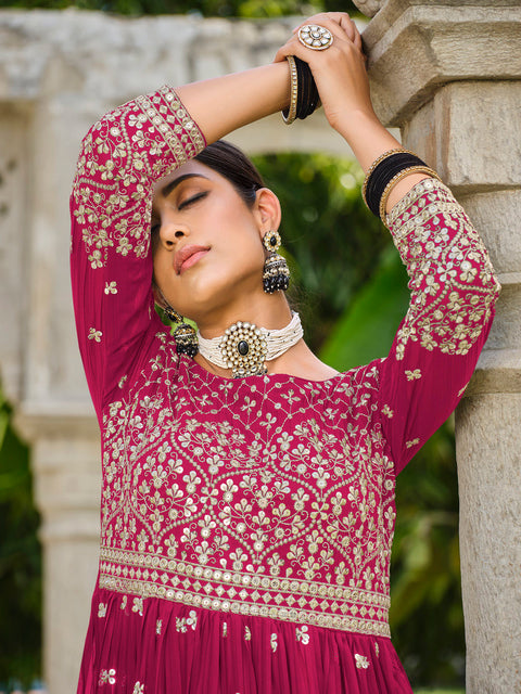 Magenta Partywear Sequins Embroidered Georgette Palazzo Suit
