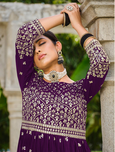 Purple Partywear Sequins Embroidered Georgette Palazzo Suit