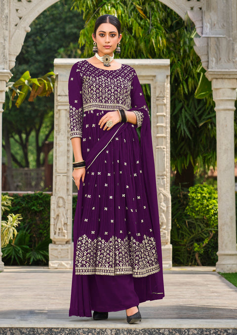 Purple Partywear Sequins Embroidered Georgette Palazzo Suit