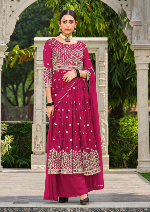 Magenta Partywear Sequins Embroidered Georgette Palazzo Suit