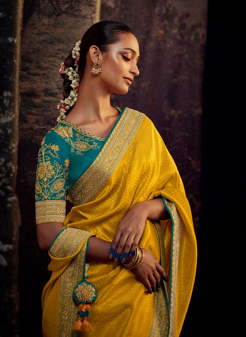 Yellow Festive Wear Embroidered Fancy Saree