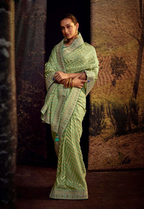 Green Festive Wear Embroidered Fancy Saree