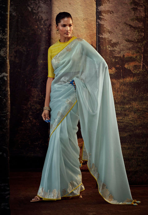 Mint Green Festive Wear Embroidered Fancy Saree