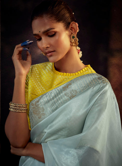 Mint Green Festive Wear Embroidered Fancy Saree