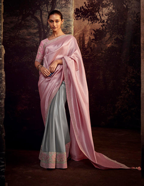 Pink & Grey Festive Wear Embroidered Saree