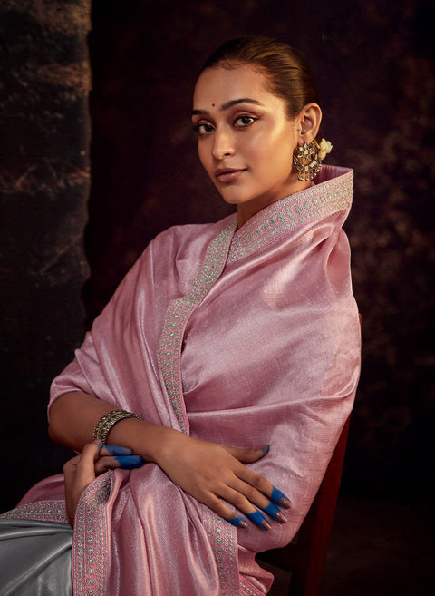 Pink & Grey Festive Wear Embroidered Saree