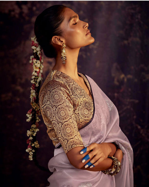 Violet Festive Wear Embroidered Fancy Saree
