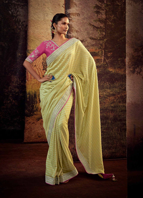 Yellow Festive Wear Embroidered Fancy Saree