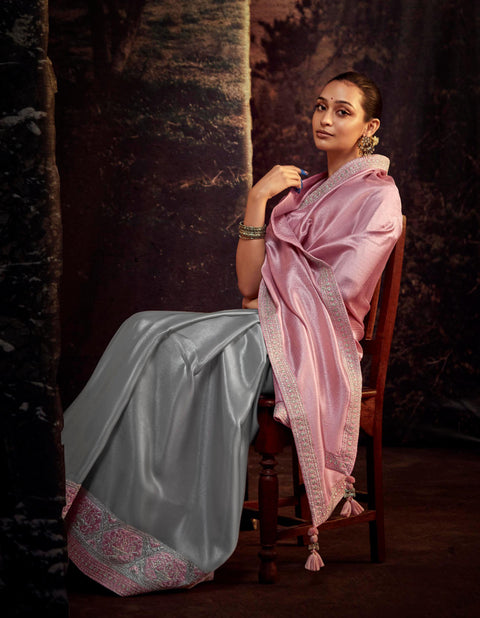 Pink & Grey Festive Wear Embroidered Saree