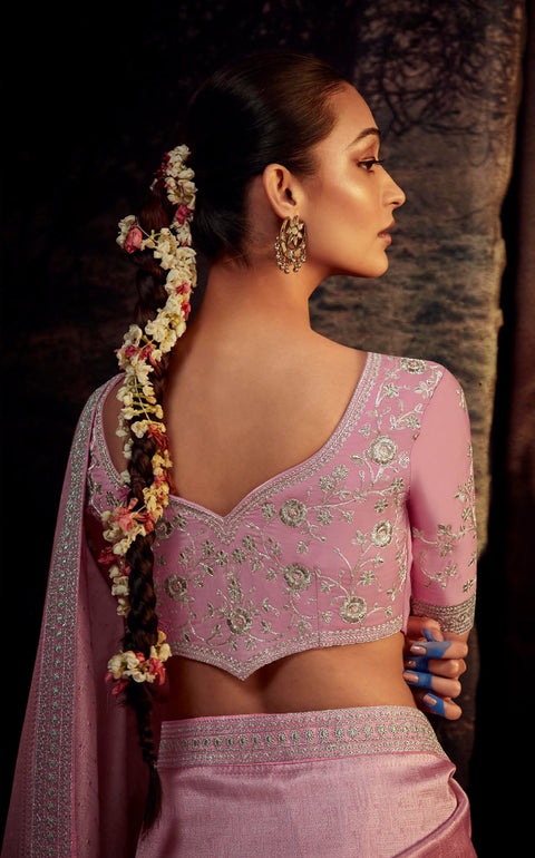 Pink & Grey Festive Wear Embroidered Saree