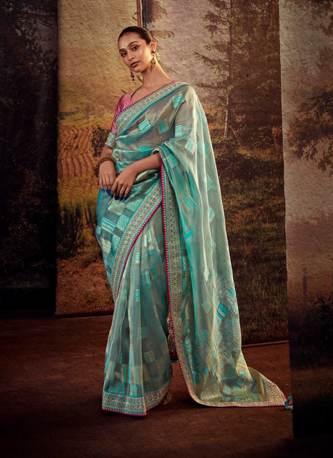 Green Festive Wear Embroidered Fancy Saree