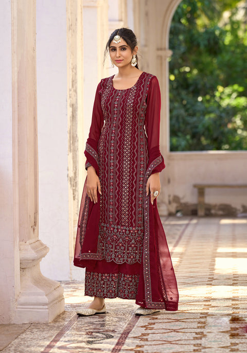 Maroon Colored Partywear Embroidered Silk Straight Suit