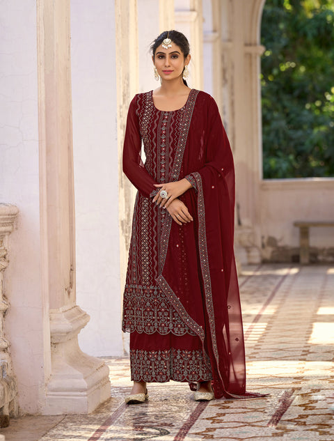 Maroon Colored Partywear Embroidered Silk Straight Suit