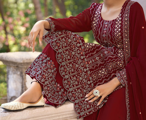 Maroon Colored Partywear Embroidered Silk Straight Suit