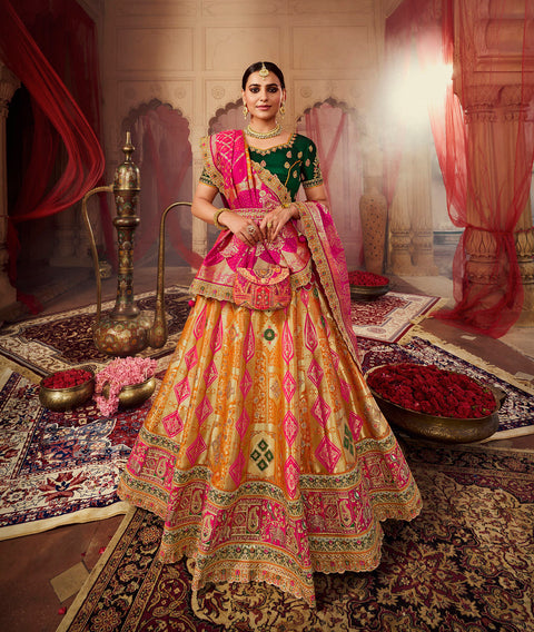 Orange & Green Wedding Wear Woven-Embellished Banarasi Silk Lehenga Choli