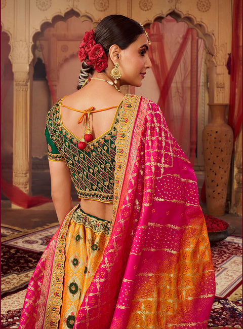 Orange & Green Wedding Wear Woven-Embellished Banarasi Silk Lehenga Choli