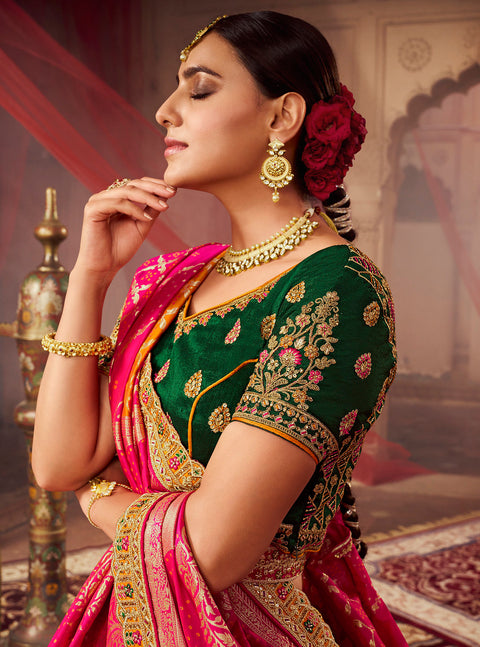 Orange & Green Wedding Wear Woven-Embellished Banarasi Silk Lehenga Choli