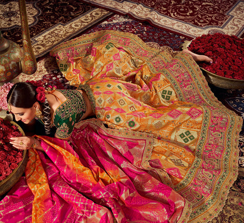 Orange & Green Wedding Wear Woven-Embellished Banarasi Silk Lehenga Choli