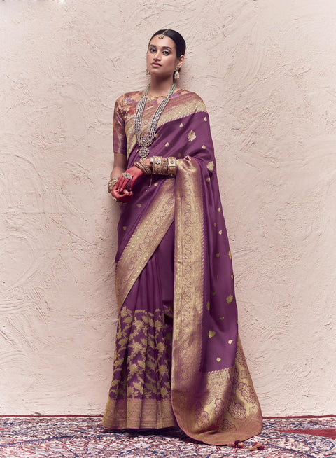Purple Woven Crepe Dola Silk Saree With Tassels