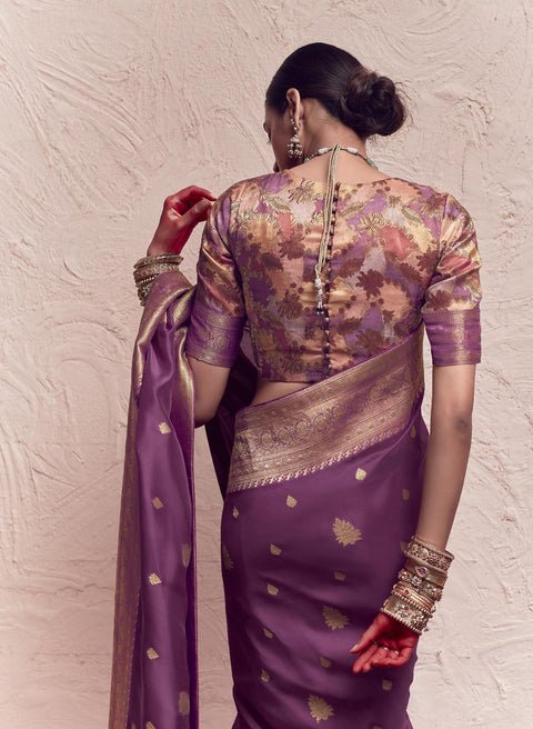 Purple Woven Crepe Dola Silk Saree With Tassels