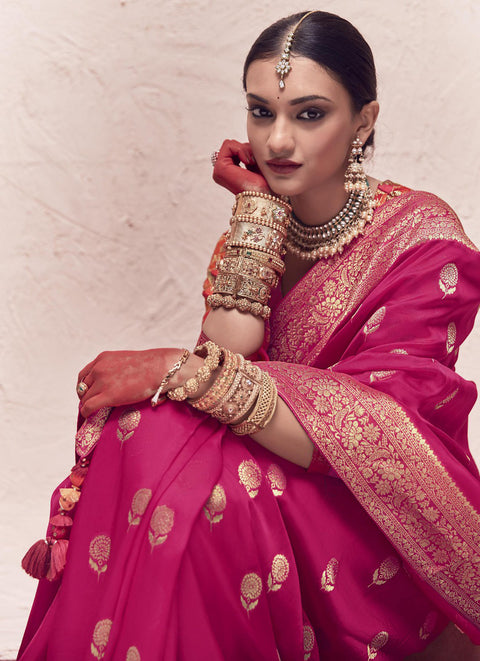 Magenta Woven Crepe Dola Silk Saree With Tassels
