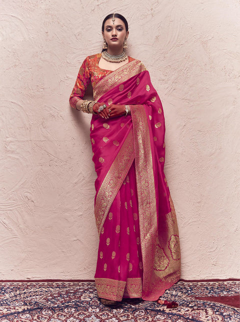 Magenta Woven Crepe Dola Silk Saree With Tassels