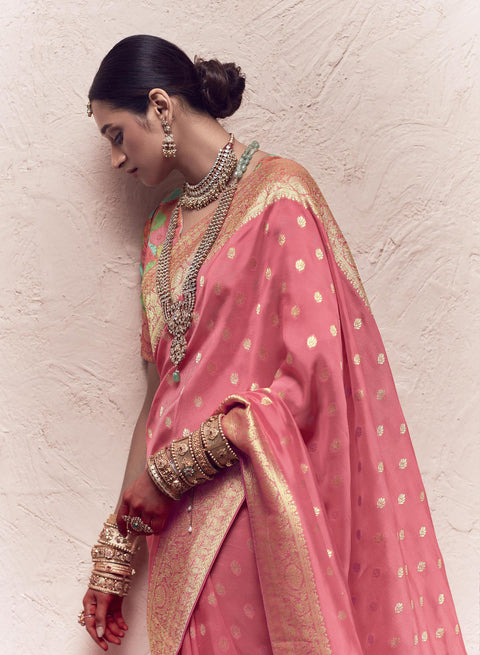 Pink Woven Crepe Dola Silk Saree With Tassels