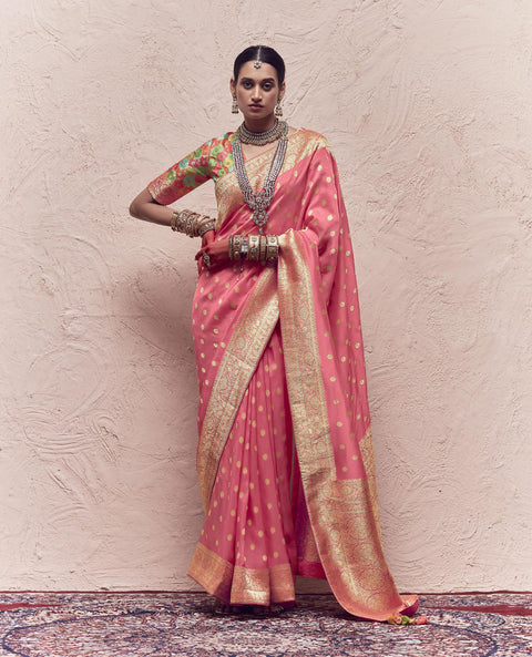 Pink Woven Crepe Dola Silk Saree With Tassels