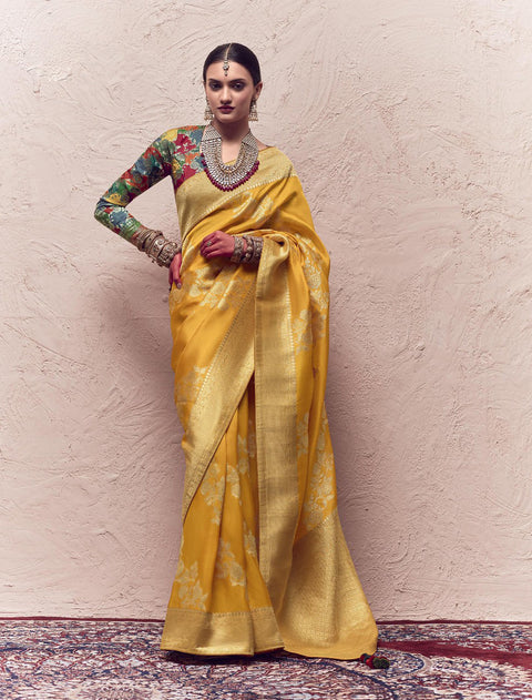 Yellow Woven Crepe Dola Silk Saree With Tassels