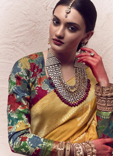 Yellow Woven Crepe Dola Silk Saree With Tassels