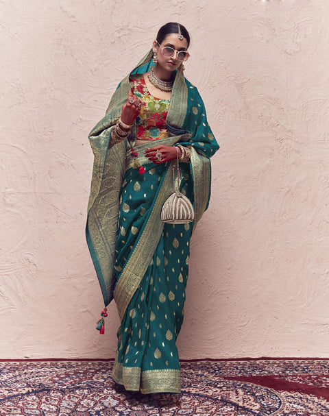 Teal Blue Woven Crepe Dola Silk Saree With Tassels
