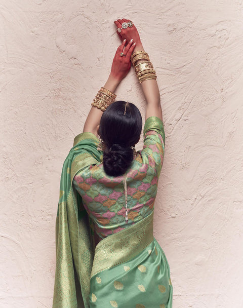 Green Woven Crepe Dola Silk Saree With Tassels