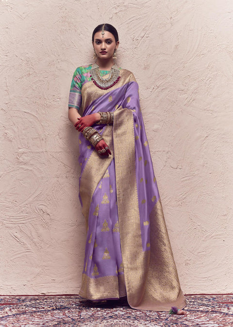 Purple Woven Crepe Dola Silk Saree With Tassels