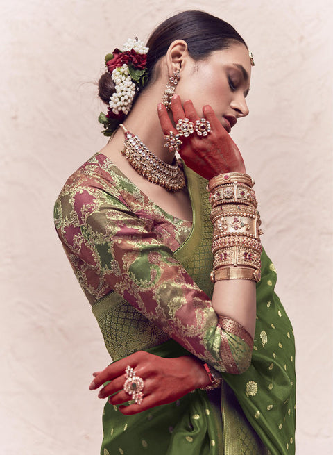 Green Woven Crepe Dola Silk Saree With Tassels