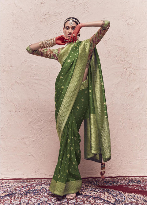 Green Woven Crepe Dola Silk Saree With Tassels
