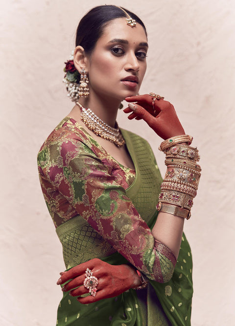 Green Woven Crepe Dola Silk Saree With Tassels