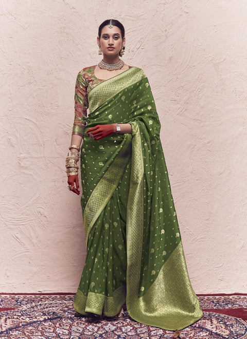 Green Woven Crepe Dola Silk Saree With Tassels
